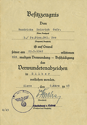 Document for the wound badge in silver